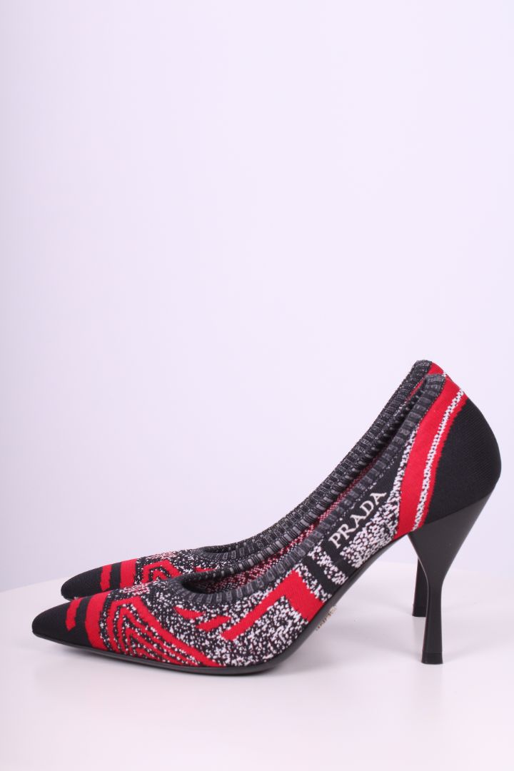 Prada Logo Knit Heels Black/ Red 37.5