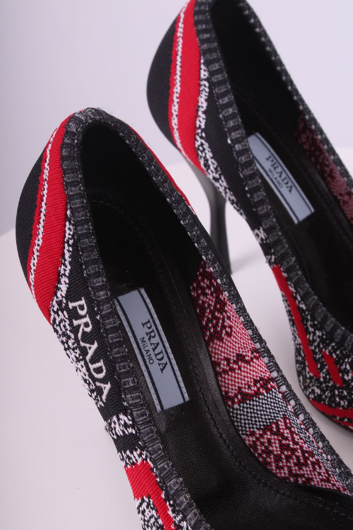 Prada Logo Knit Heels Black/ Red 37.5