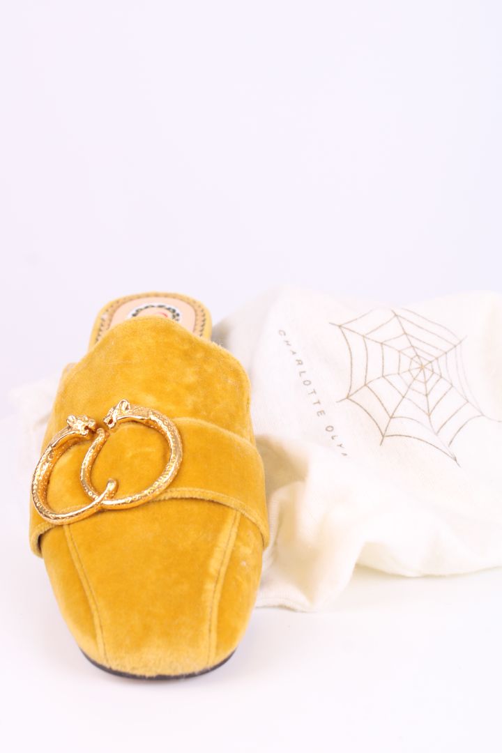 Charlotte Olympia Velvet Mule Loafers Mustard 38