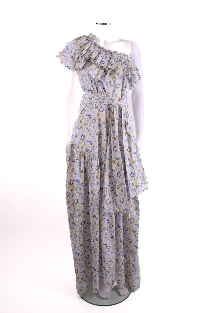 caroline constas blue and white dress One Shoulder Floral Ruffle White/ S – Elite Preloved BFCM_DISCOUNT_2024 Gray 1940s Colorblock Pleated Size:S (US 8-12)