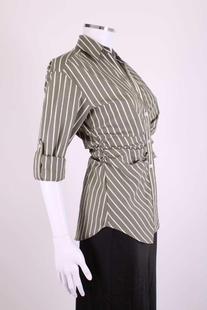 Veronica Beard L/S Ruched Stripe Shirt Green/ White XS