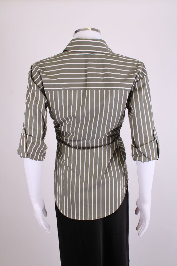 Veronica Beard L/S Ruched Stripe Shirt Green/ White XS