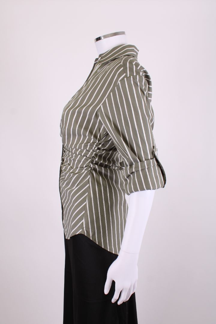 Veronica Beard L/S Ruched Stripe Shirt Green/ White XS