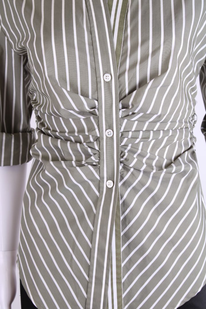 Veronica Beard L/S Ruched Stripe Shirt Green/ White XS