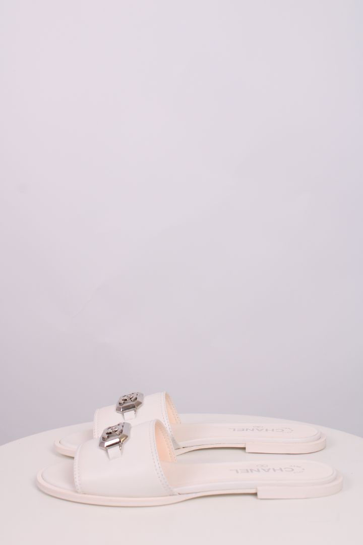 Chanel CC Slide Sandals White/ Silver 39.5
