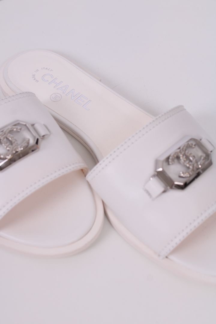 Chanel CC Slide Sandals White/ Silver 39.5