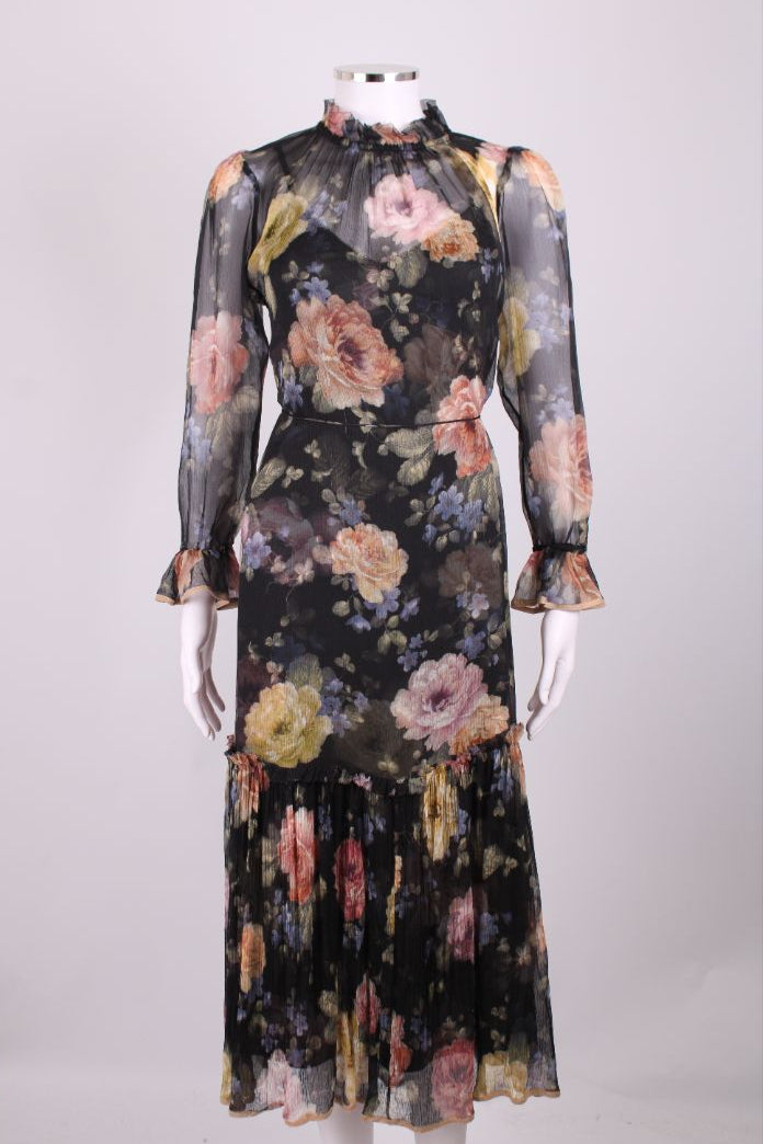 Zimmermann L/S Ruffle Floral Dress Black/ Pastel S
