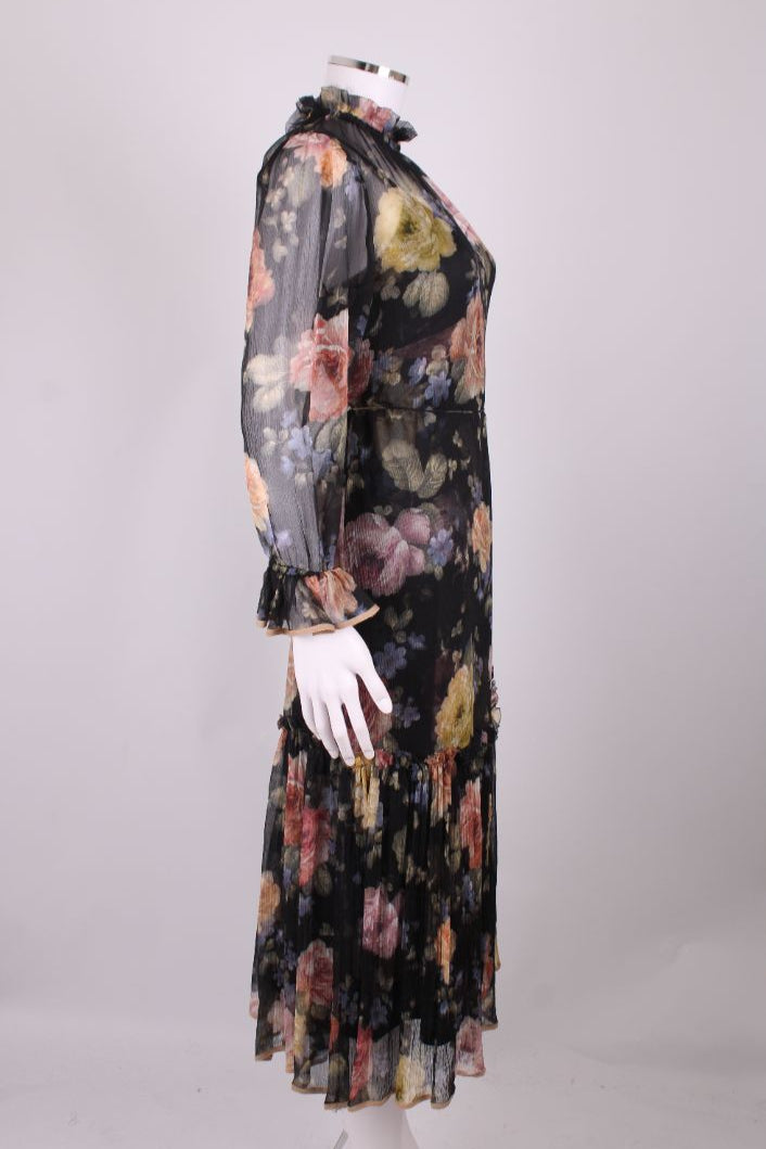 Zimmermann L/S Ruffle Floral Dress Black/ Pastel S