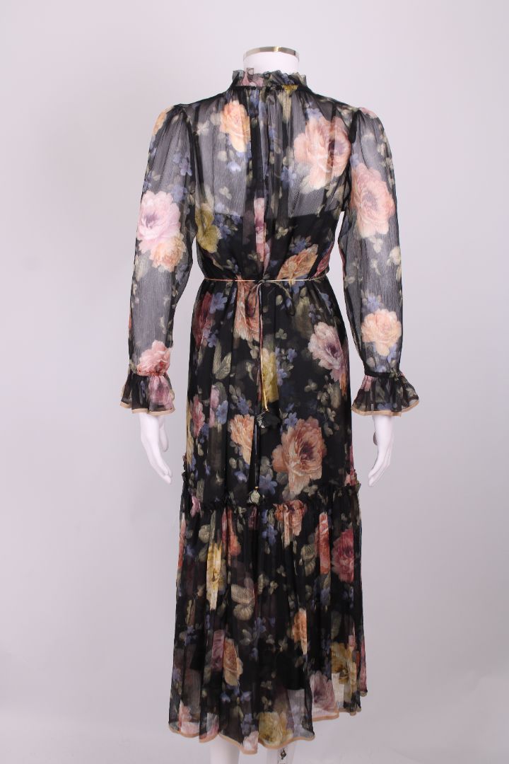 Zimmermann L/S Ruffle Floral Dress Black/ Pastel S