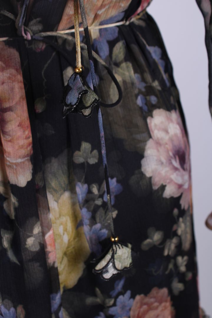 Zimmermann L/S Ruffle Floral Dress Black/ Pastel S