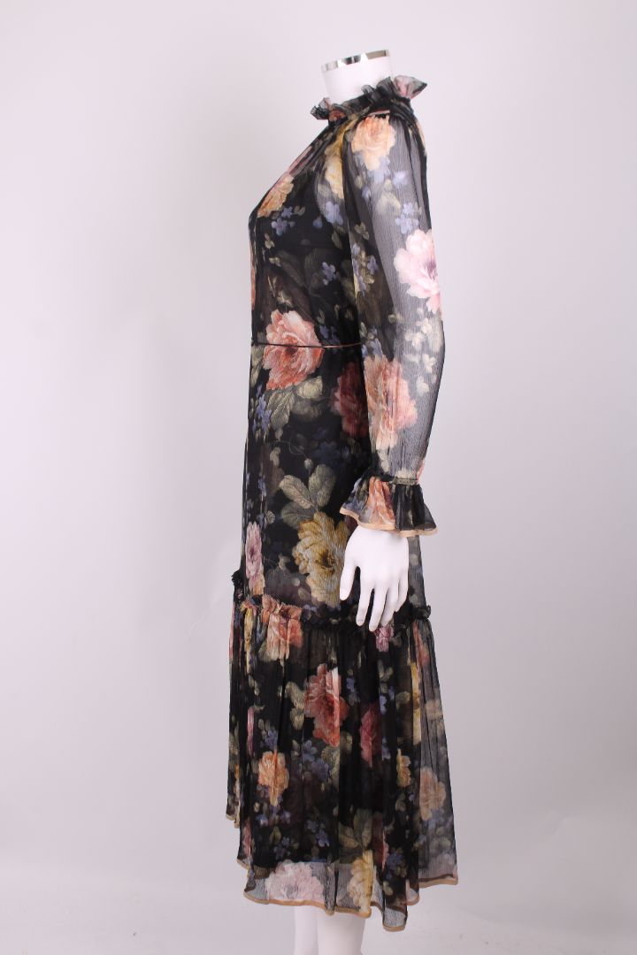 Zimmermann L/S Ruffle Floral Dress Black/ Pastel S