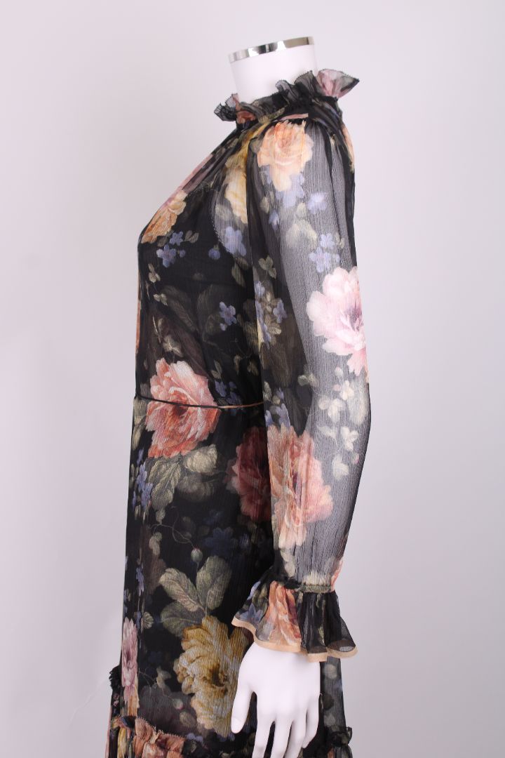 Zimmermann L/S Ruffle Floral Dress Black/ Pastel S
