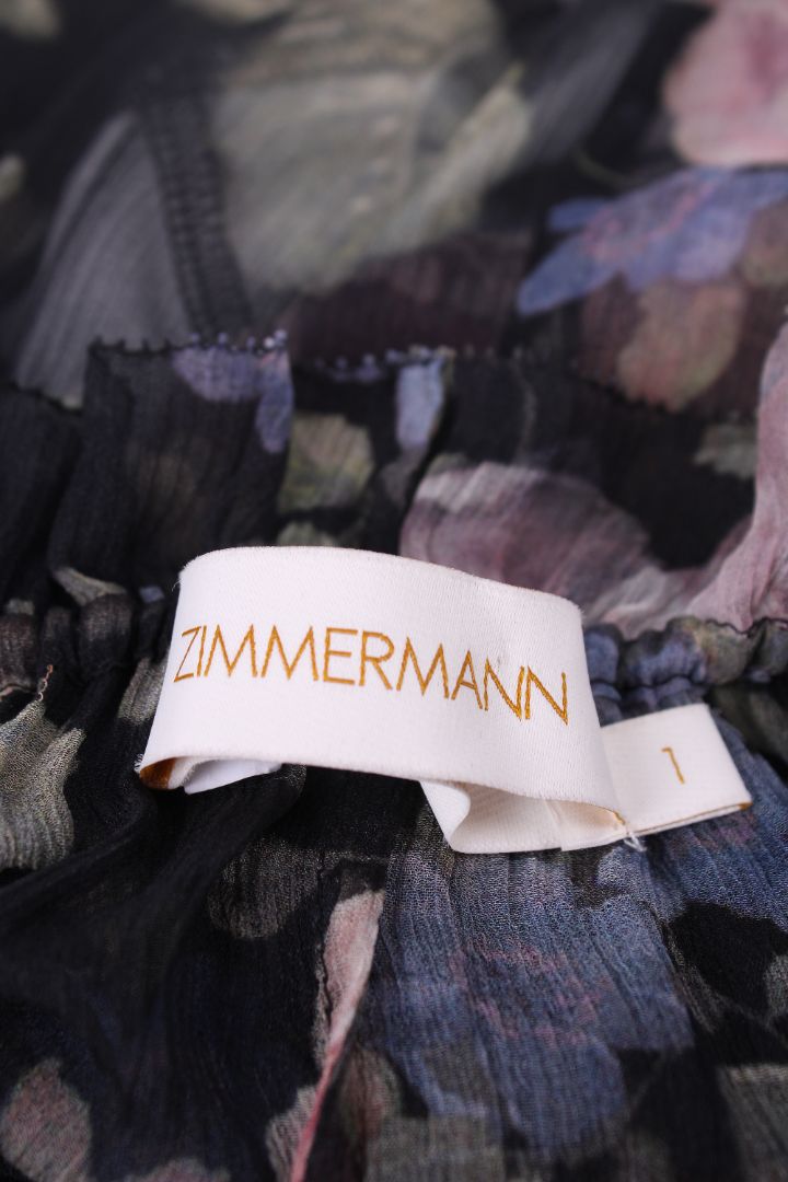Zimmermann L/S Ruffle Floral Dress Black/ Pastel S