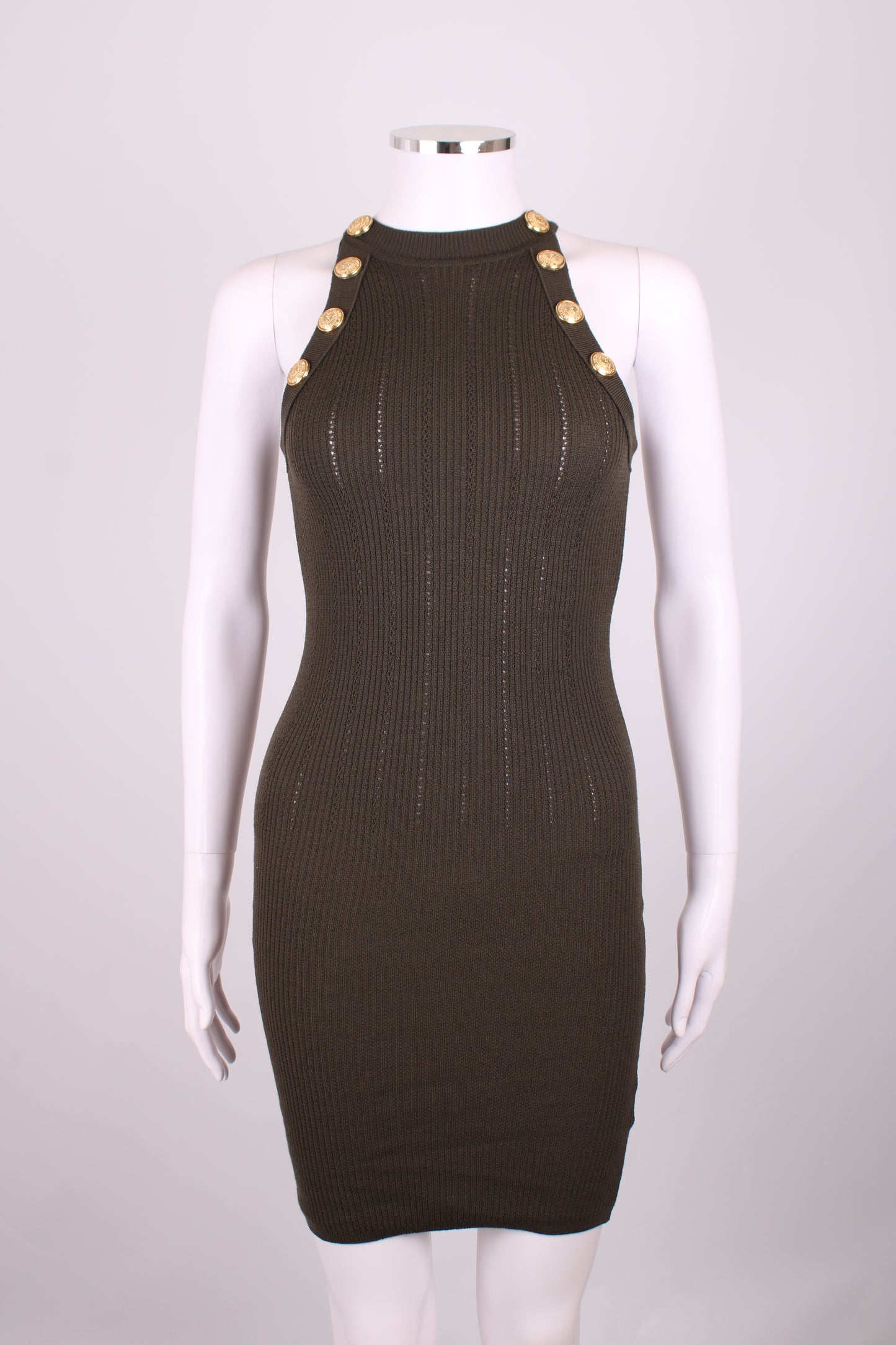 Balmain Rib Knit Button Dress Khaki 6