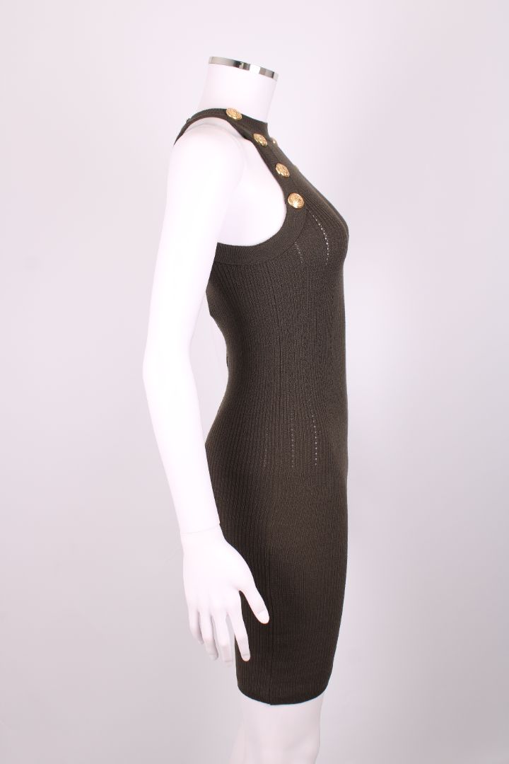 Balmain Rib Knit Button Dress Khaki 6