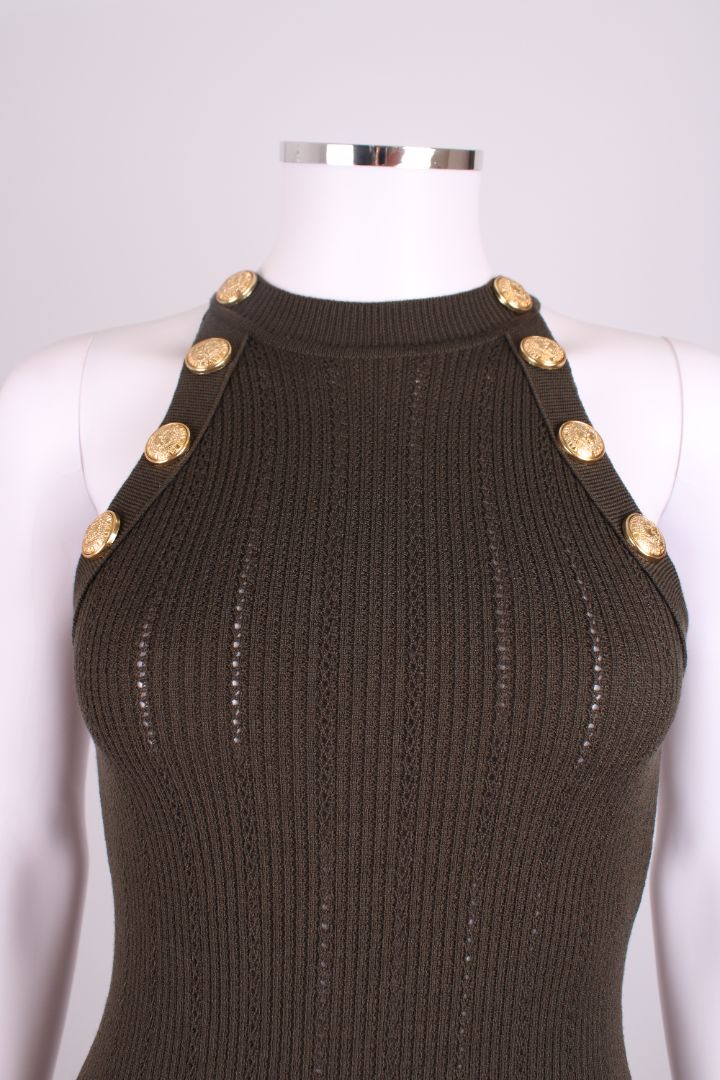 Balmain Rib Knit Button Dress Khaki 6