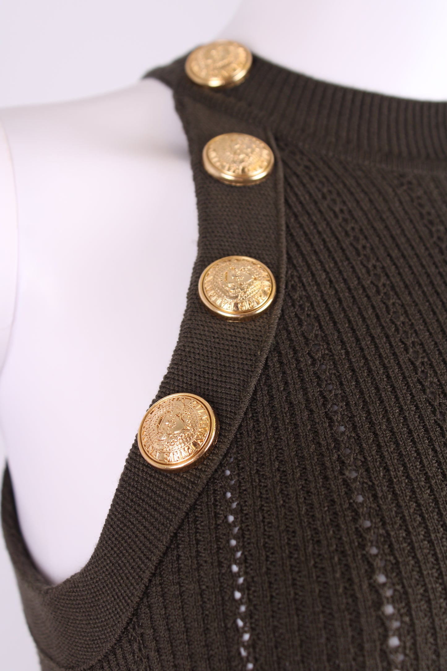 Balmain Rib Knit Button Dress Khaki 6