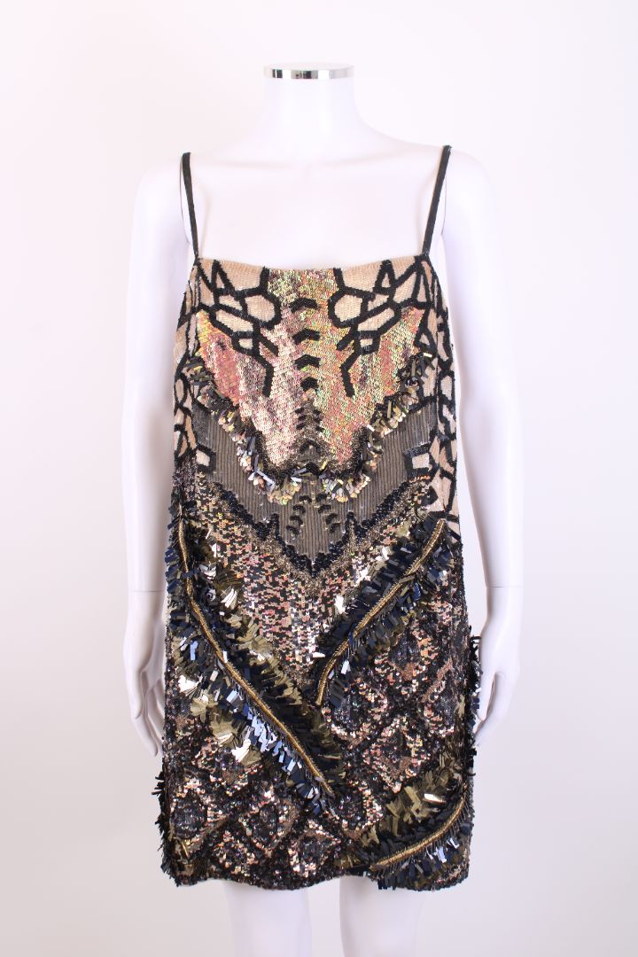 All Saints S/S Sequin Slip Dress Beige/ Black 14