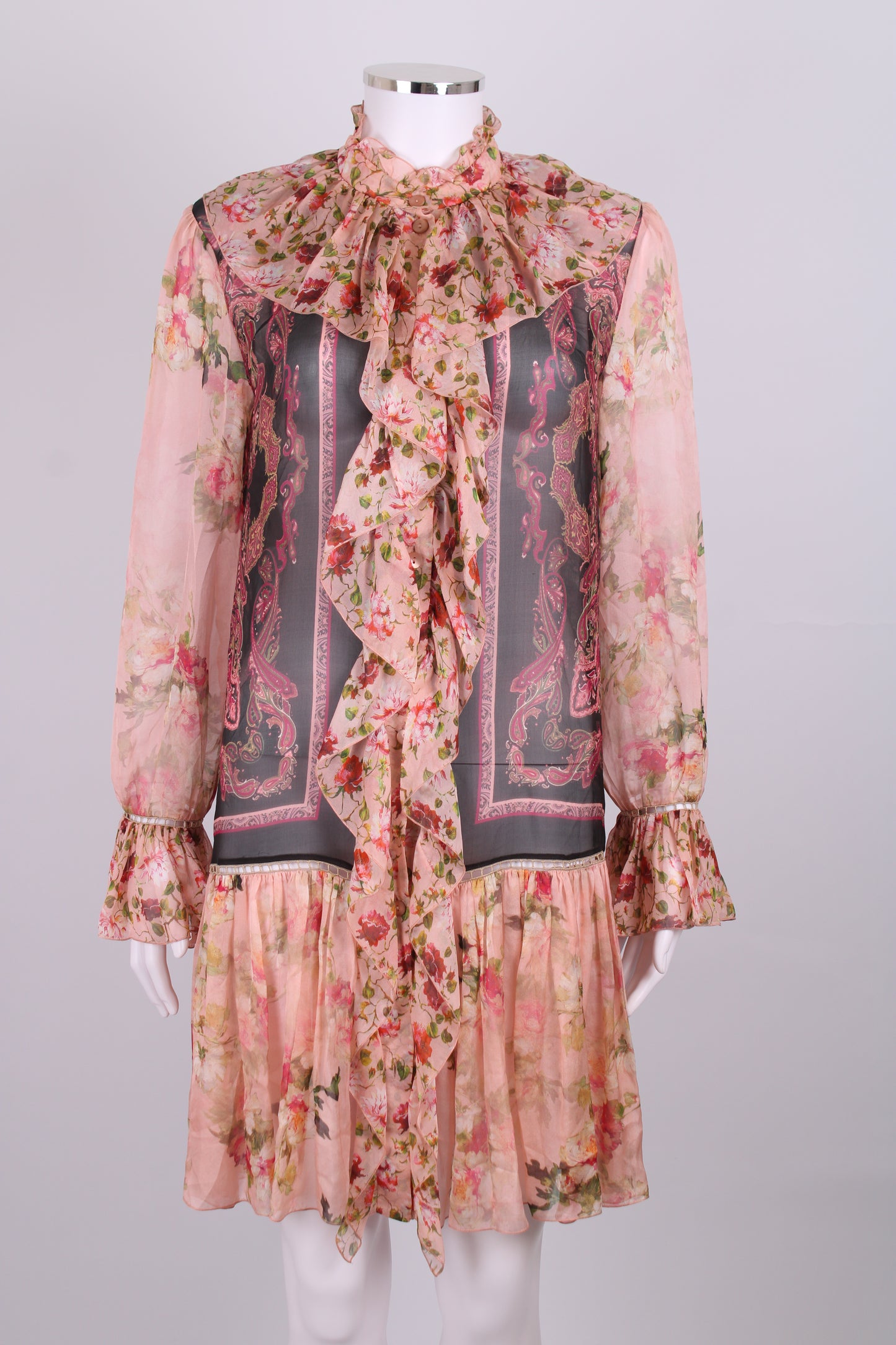 Alberta Ferretti L/S Floral & Paisley Ruffle Dress Pink/ Black M