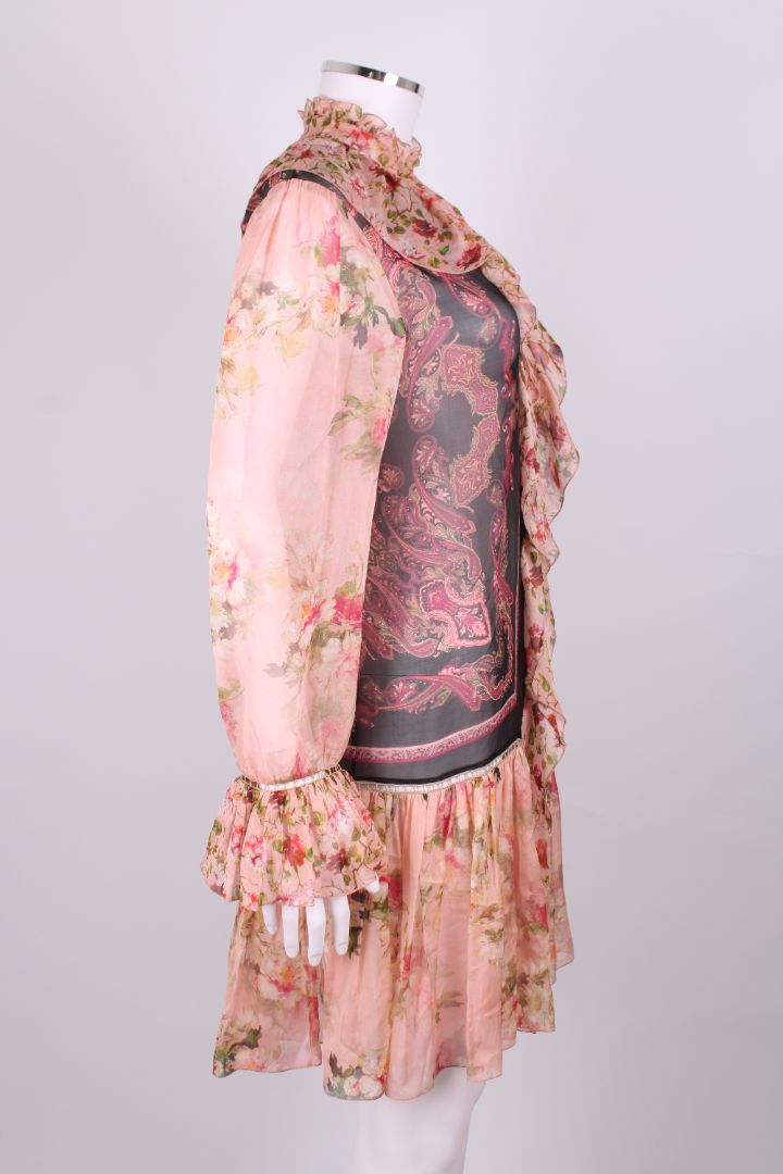 Alberta Ferretti L/S Floral & Paisley Ruffle Dress Pink/ Black M