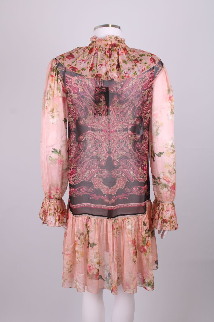 Alberta Ferretti L/S Floral & Paisley Ruffle Dress Pink/ Black M