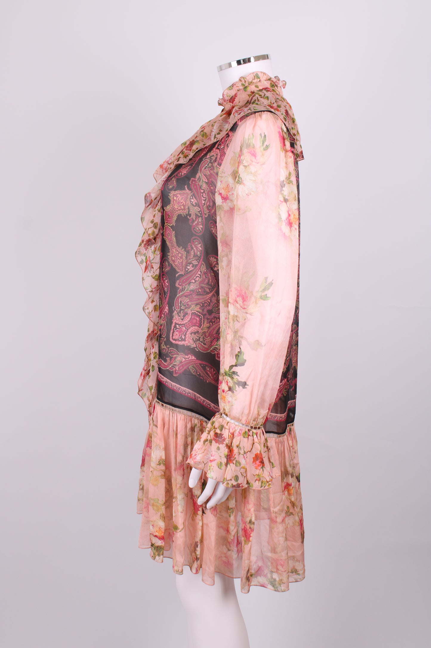Alberta Ferretti L/S Floral & Paisley Ruffle Dress Pink/ Black M