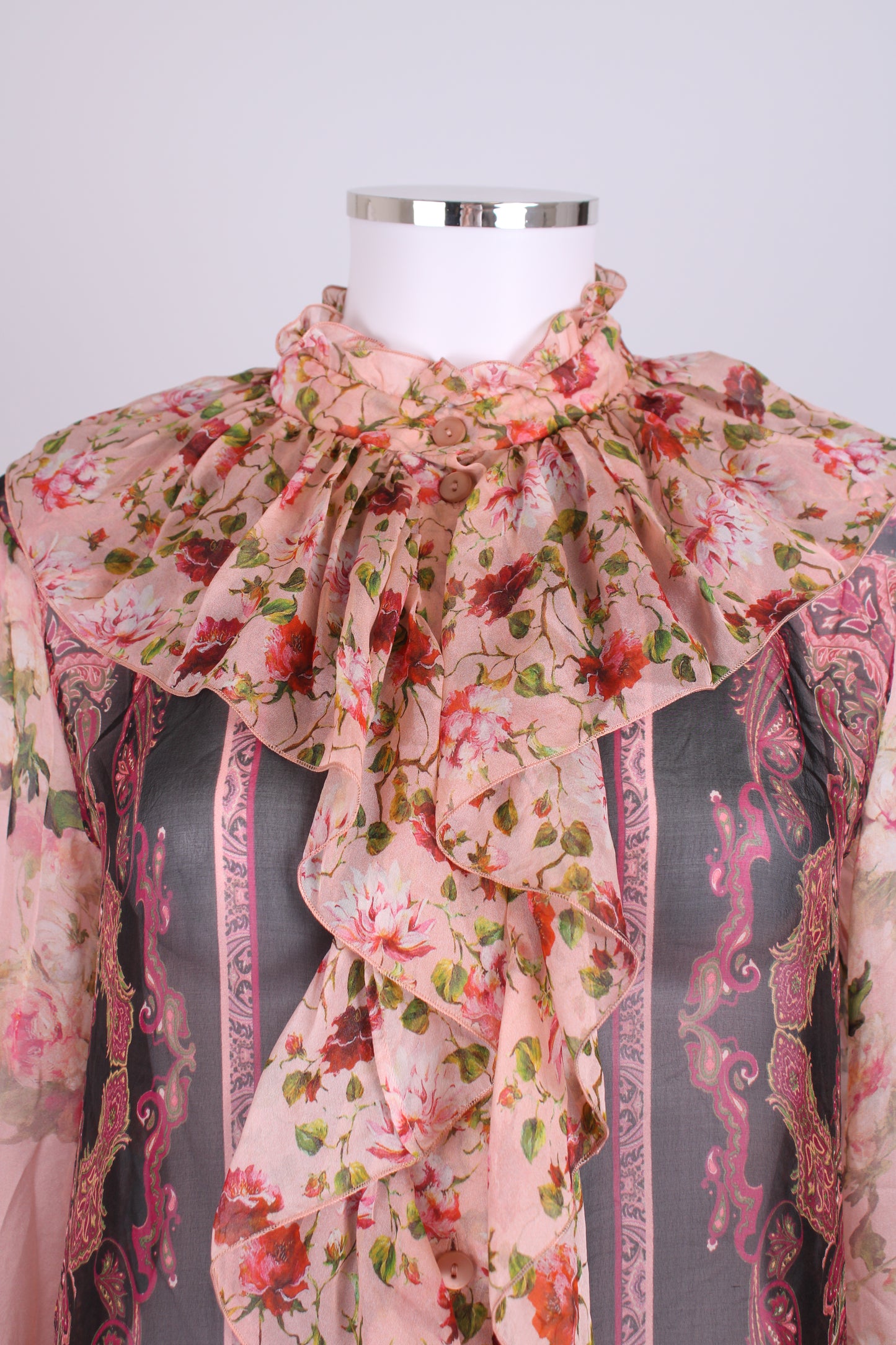 Alberta Ferretti L/S Floral & Paisley Ruffle Dress Pink/ Black M