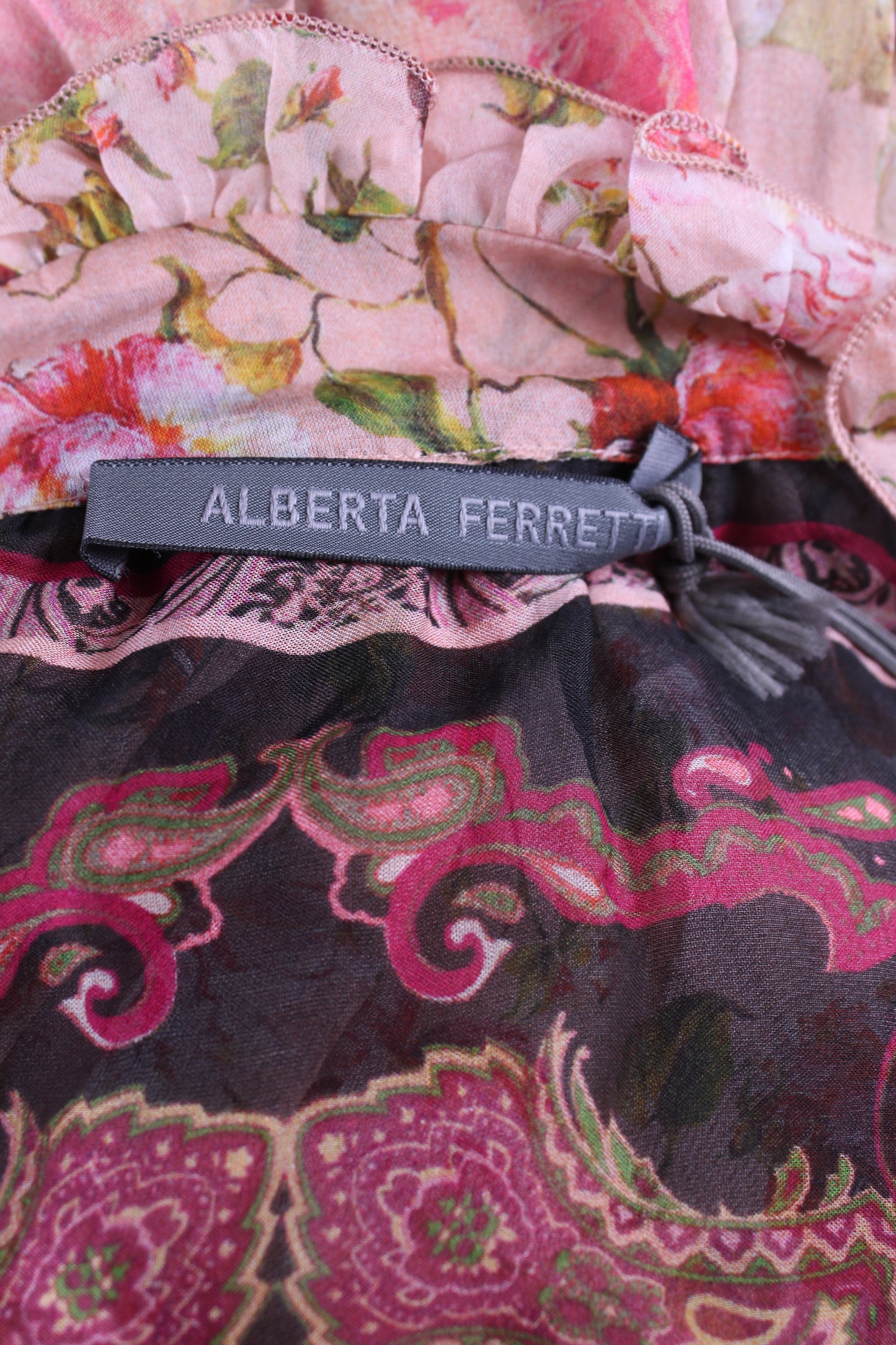 Alberta Ferretti L/S Floral & Paisley Ruffle Dress Pink/ Black M