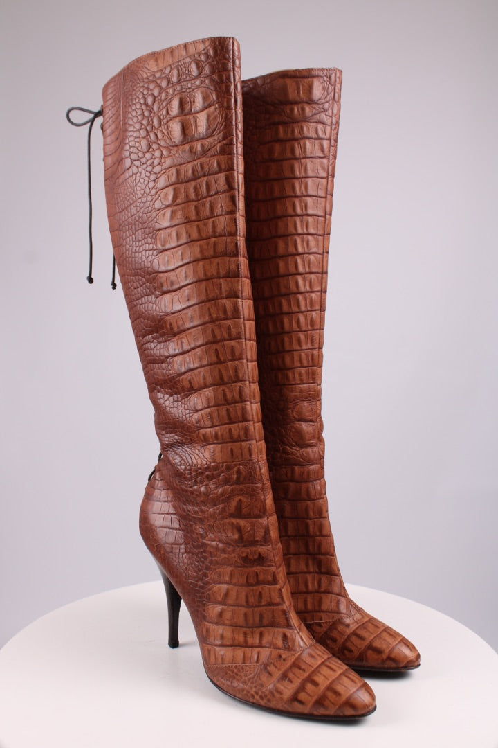 Giuseppe Zanotti Croc lace up knee high heel boots Tan 39.5