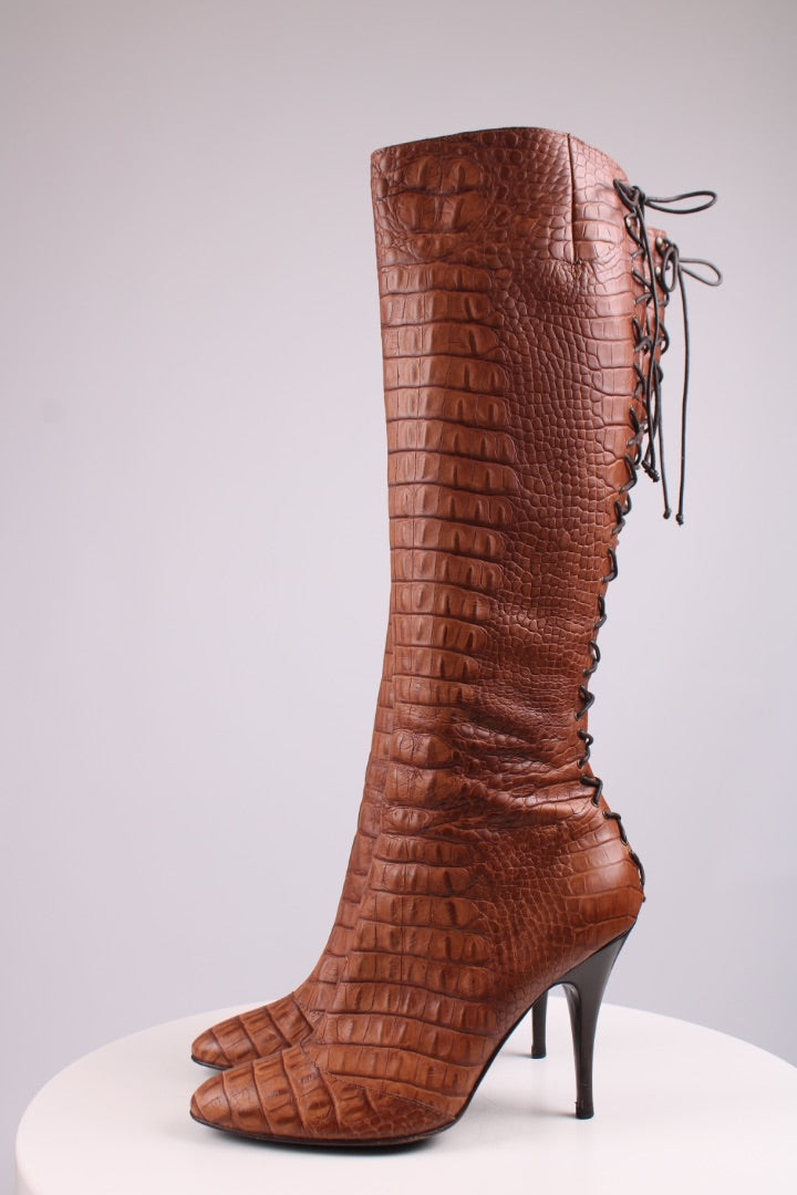 Giuseppe Zanotti Croc lace up knee high heel boots Tan 39.5
