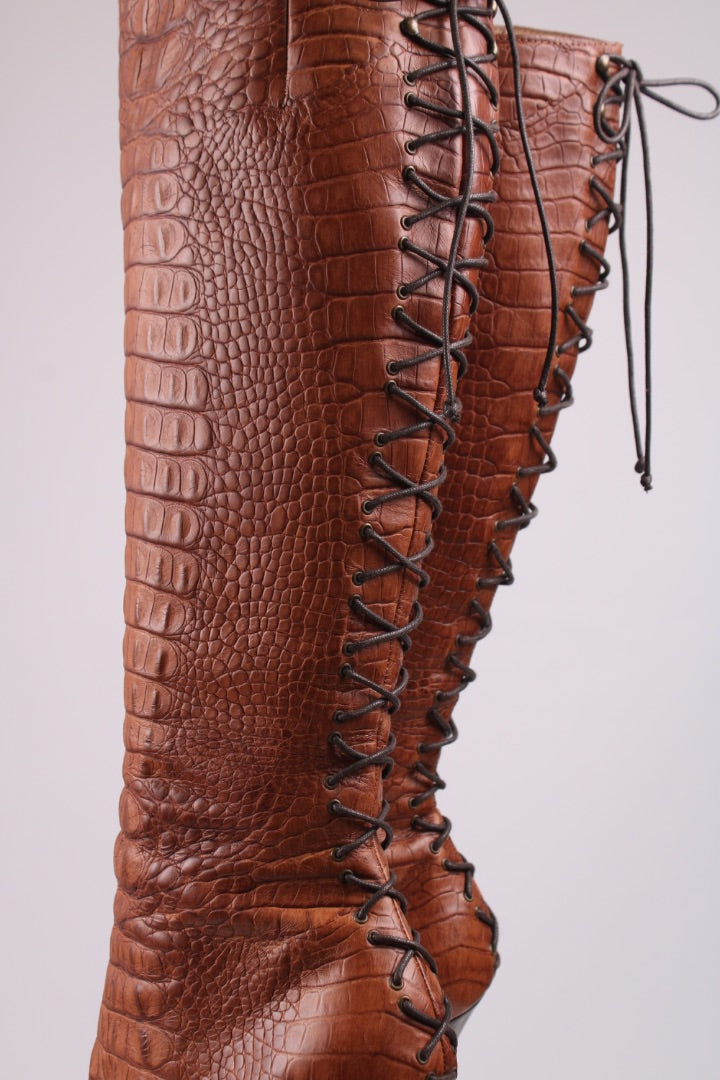 Giuseppe Zanotti Croc lace up knee high heel boots Tan 39.5