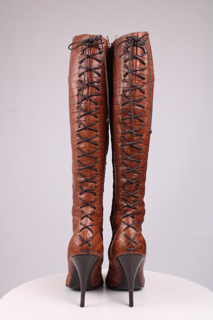 Giuseppe Zanotti Croc lace up knee high heel boots Tan 39.5