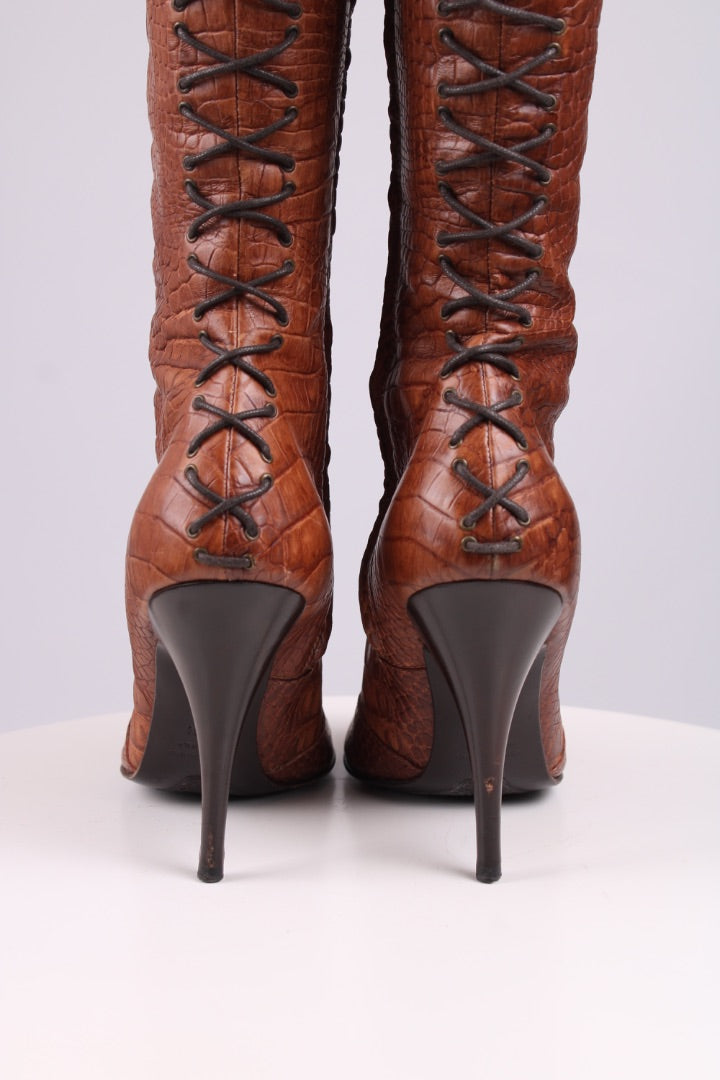 Giuseppe Zanotti Croc lace up knee high heel boots Tan 39.5