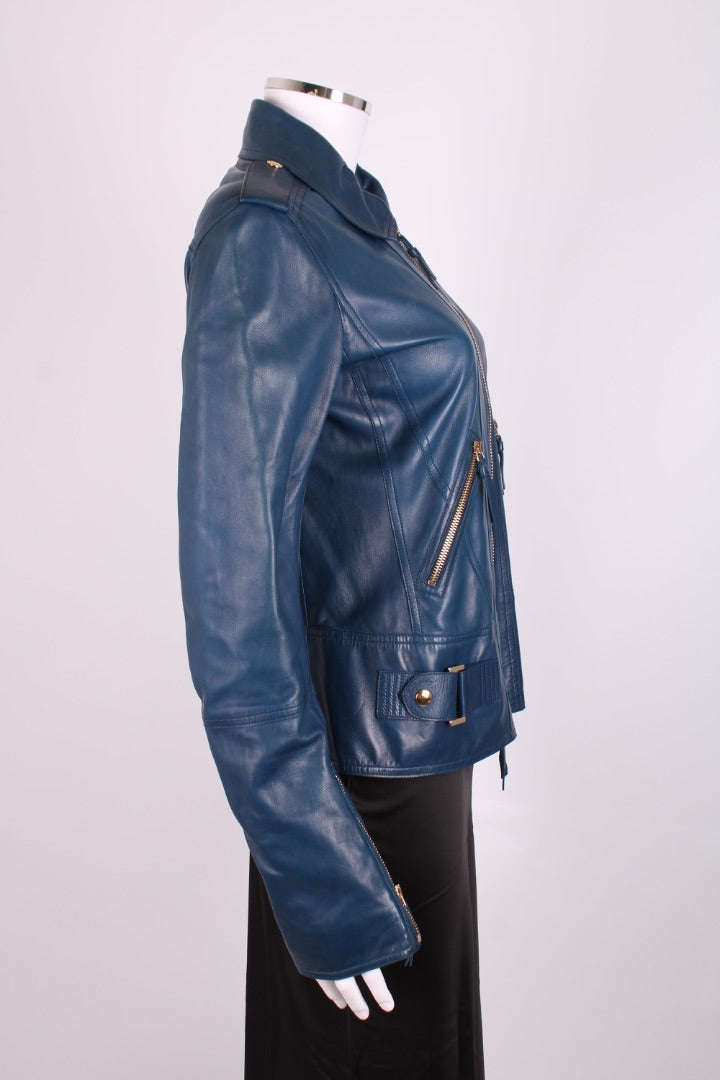Robert Cavalli Leather Jacket Blue 10