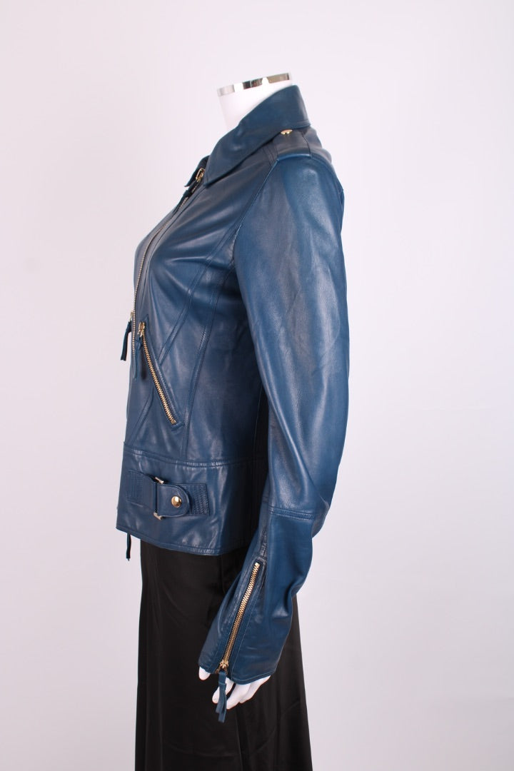 Robert Cavalli Leather Jacket Blue 10