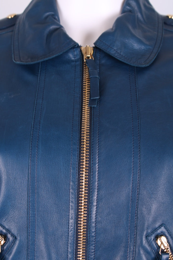 Robert Cavalli Leather Jacket Blue 10