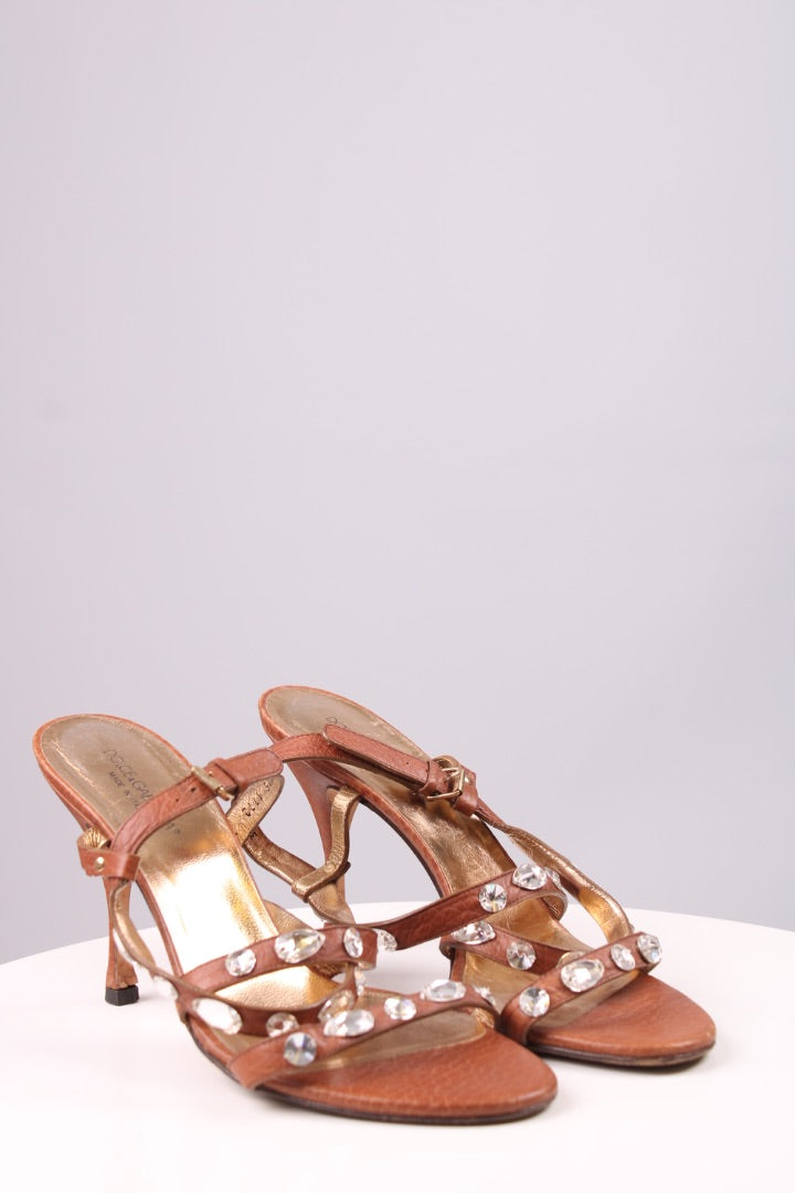 Dolce & Gabbana Crystal Strappy Sandal Heels Tan 39