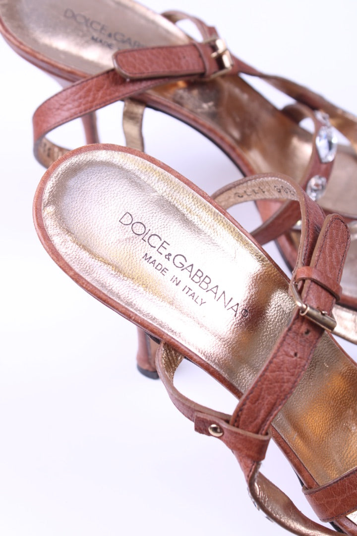 Dolce & Gabbana Crystal Strappy Sandal Heels Tan 39