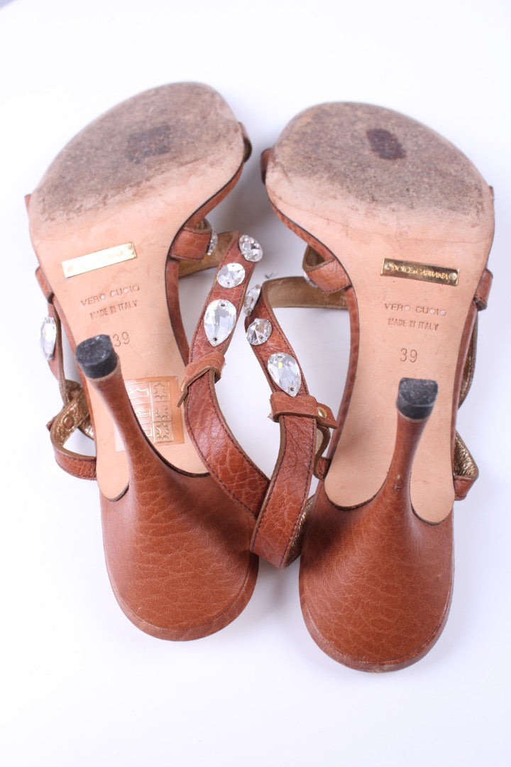 Dolce & Gabbana Crystal Strappy Sandal Heels Tan 39