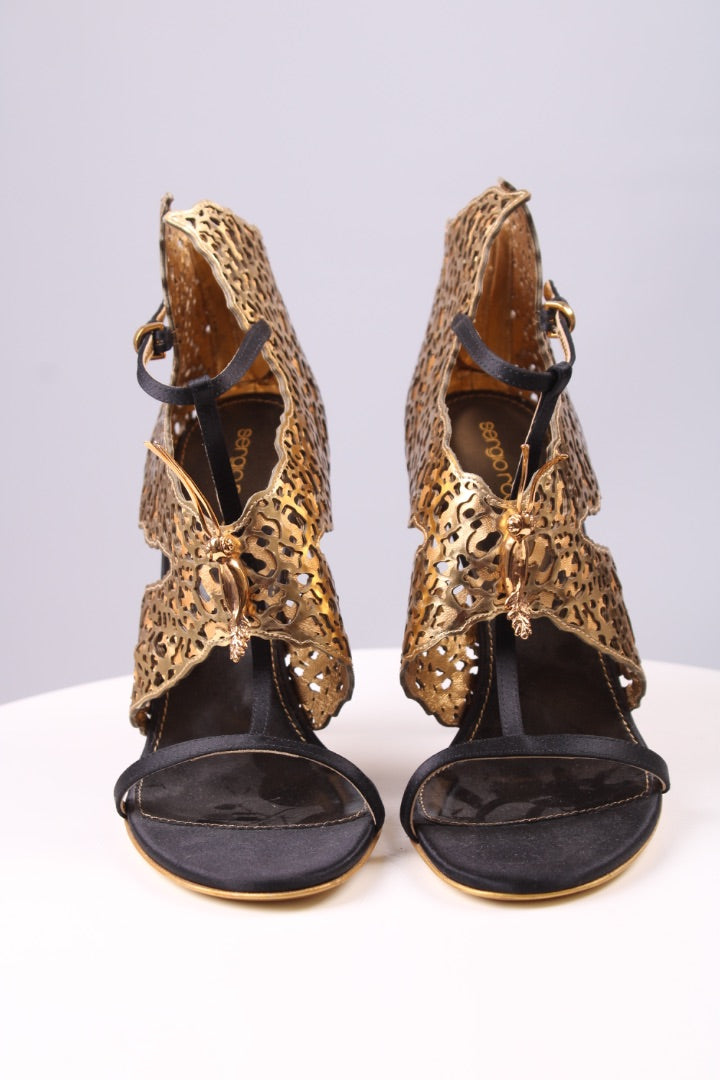 Sergio Rossi Gold butterfly ankle strap heel Gold/black 38.5