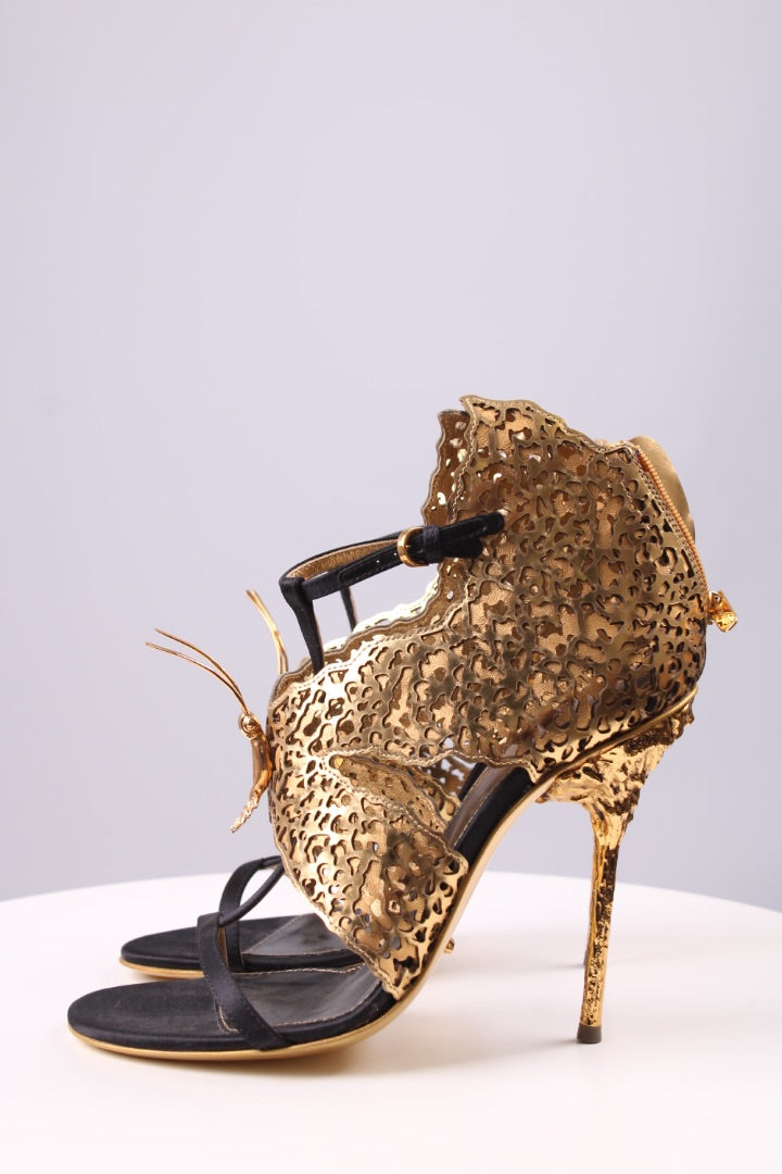 Sergio Rossi Gold butterfly ankle strap heel Gold/black 38.5