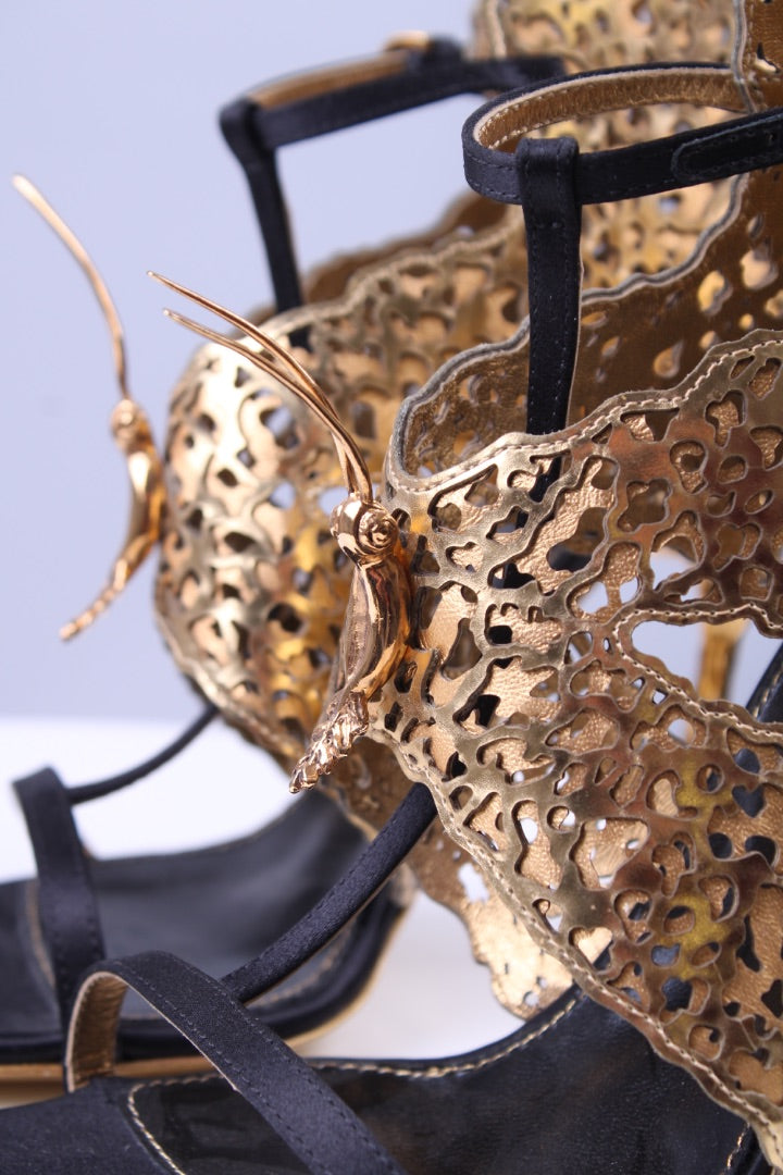 Sergio Rossi Gold butterfly ankle strap heel Gold/black 38.5