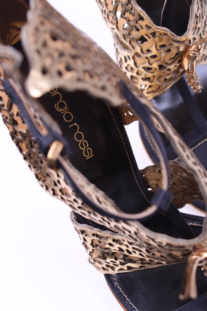 Sergio Rossi Gold butterfly ankle strap heel Gold/black 38.5