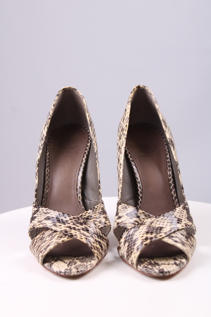 Tory Burch Python cross strap peep toe sandal Snakeskin 6.5 UK
