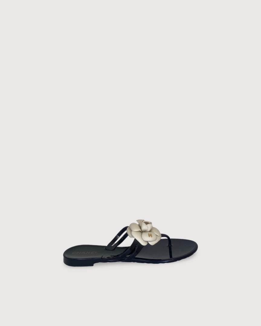 Chanel Camellia Rubber Sandal Black/ Cream 39