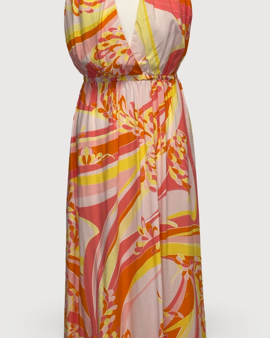 Emilio Pucci Print Halter Dress Yellow/ Pink 10