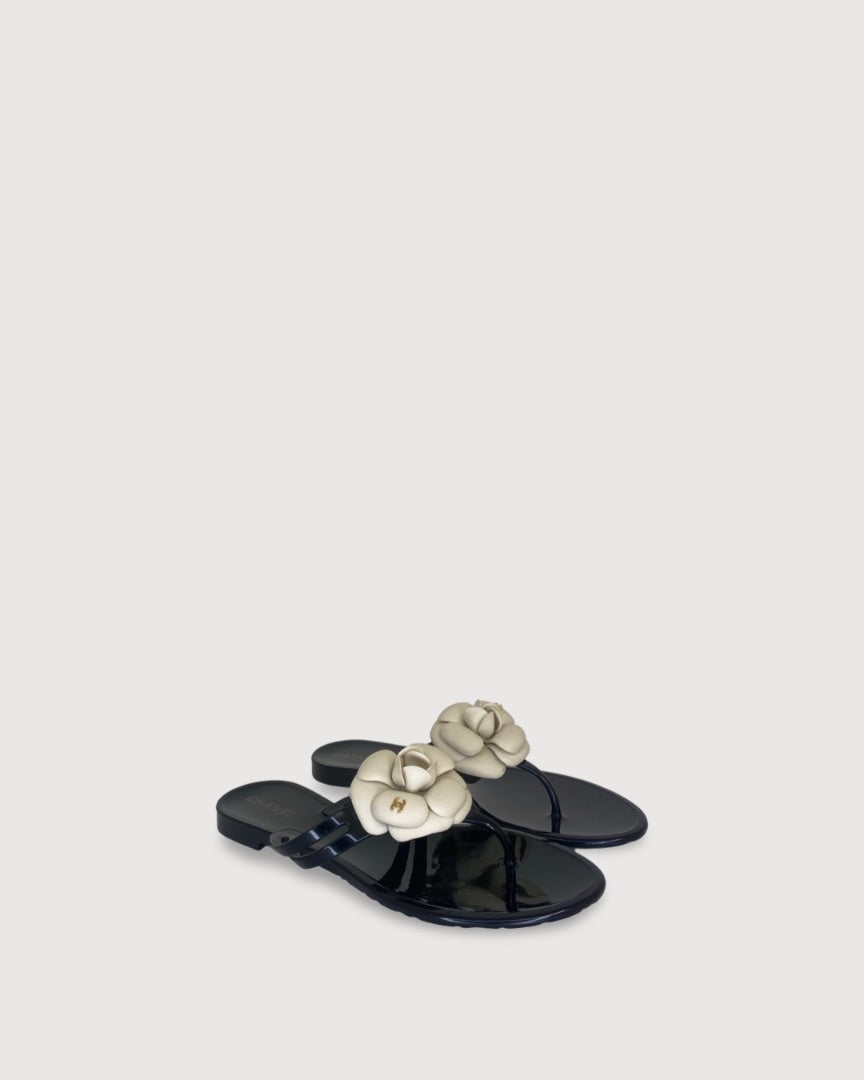 Chanel Camellia Rubber Sandal Black/ Cream 39