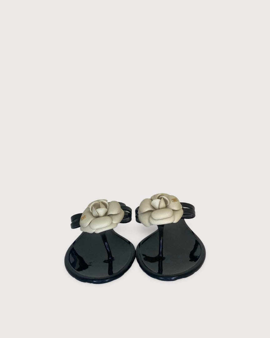 Chanel Camellia Rubber Sandal Black/ Cream 39