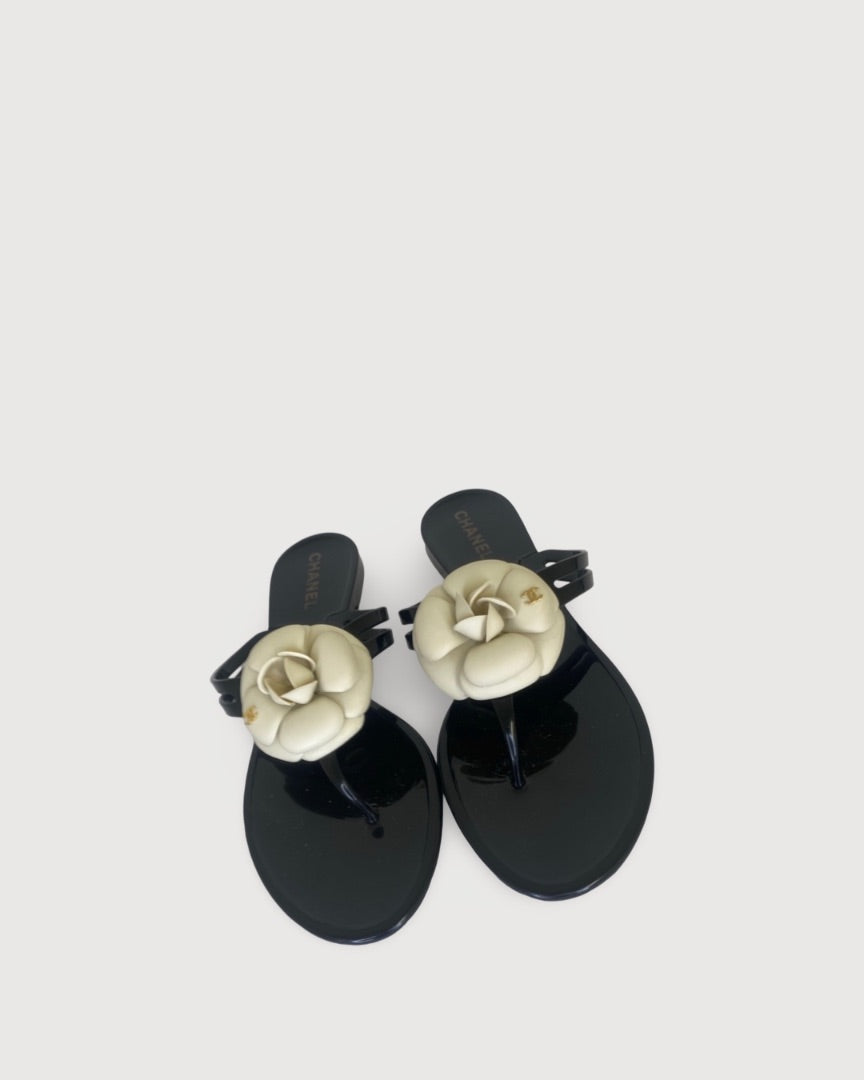 Chanel Camellia Rubber Sandal Black/ Cream 39