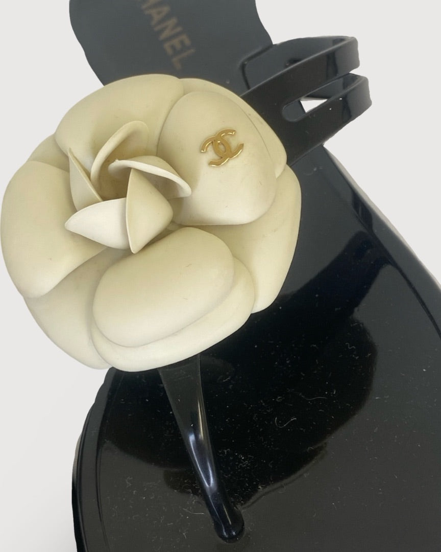 Chanel Camellia Rubber Sandal Black/ Cream 39